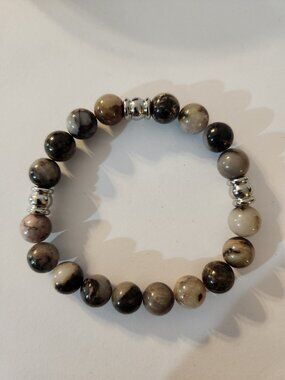 Hand Crafted Natural Gemstone Stretch Bracelet with Stainless Steel Accent Beads